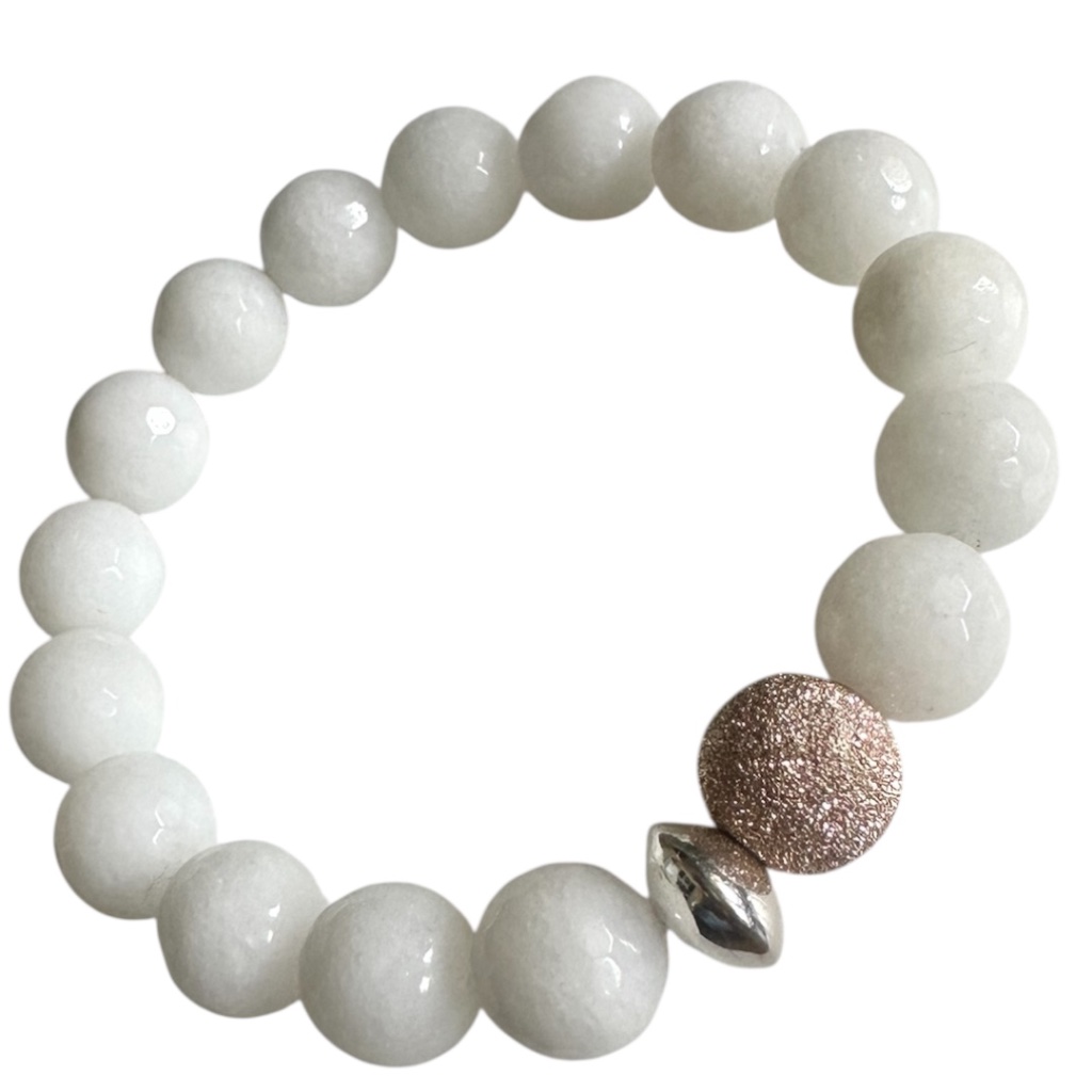 10mm Faceted White Jade Stretch Bracelet With Rose Gold And Silver Spacers